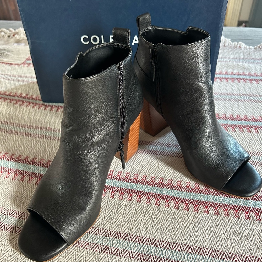 Cole Haan Black Leather Open-Toe Ankle Boots with Brown Stacked Heel